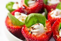 Sweet & Savory Stuffed Strawberries: Goat Cheese, Spinach, Candied Walnuts, and Balsamic Glaze