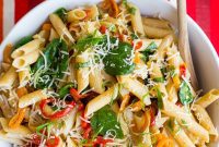 Sweet Pepper Balsamic Pasta with Fresh Spinach and Shaved Parmesan