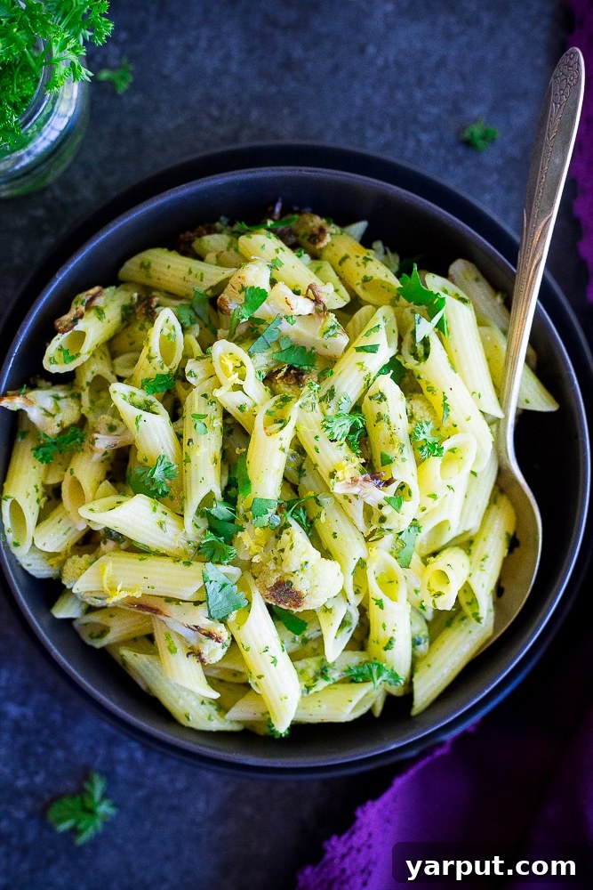 22 Speedy Vegan Suppers: Wholesome & Ready in 30 Minutes 20 Roasted cauliflower pasta with a bright lemon chimichurri sauce, a flavorful and quick vegan and gluten-free dinner.