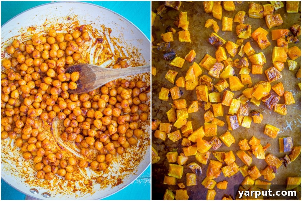 Sweet Chili Roasted Butternut & Chickpea Harvest Bowl 3 Close-up of a generously portioned Roasted Butternut Squash & Sweet Chili Chickpea Salad, showcasing its colorful ingredients like roasted squash, chickpeas, and fresh greens.