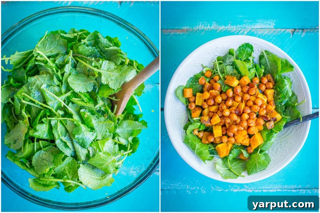 Sweet Chili Roasted Butternut & Chickpea Harvest Bowl 4 A serving of Roasted Butternut Squash & Sweet Chili Chickpea Salad, featuring roasted butternut squash, spiced chickpeas, and a vibrant mix of greens, ready to be drizzled with tahini.