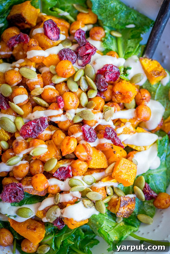 Sweet Chili Roasted Butternut & Chickpea Harvest Bowl 5 A close-up of the Roasted Butternut Squash & Sweet Chili Chickpea Salad, freshly assembled and garnished, highlighting its appetizing textures and colors.