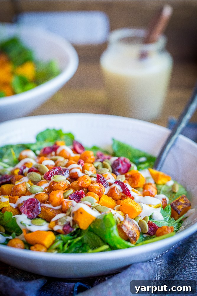 Sweet Chili Roasted Butternut & Chickpea Harvest Bowl 6 A final, artfully plated image of the Roasted Butternut Squash & Sweet Chili Chickpea Salad, emphasizing its inviting autumn appeal and texture.