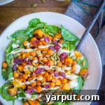 Roasted Butternut Squash and Sweet Chili Chickpea Salad recipe card image.