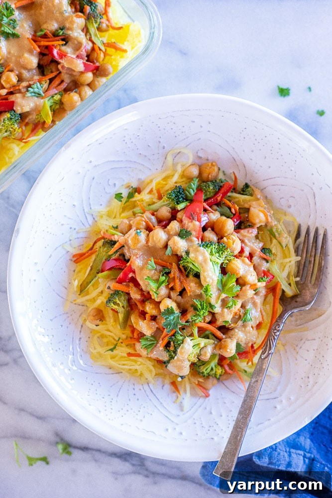 35 Wholesome Plant Based Gluten Free Dinner Recipes 24 Spicy Peanut Spaghetti Squash Bowls with a vibrant sauce.