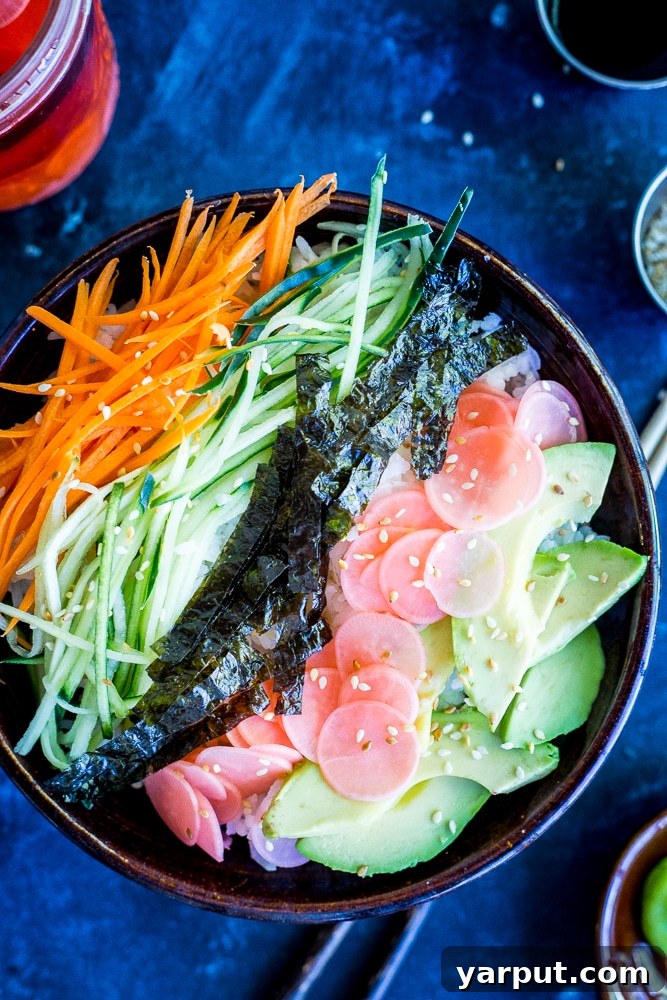 35 Wholesome Plant Based Gluten Free Dinner Recipes 66 Fresh Sushi Bowls topped with vibrant Pickled Radishes.