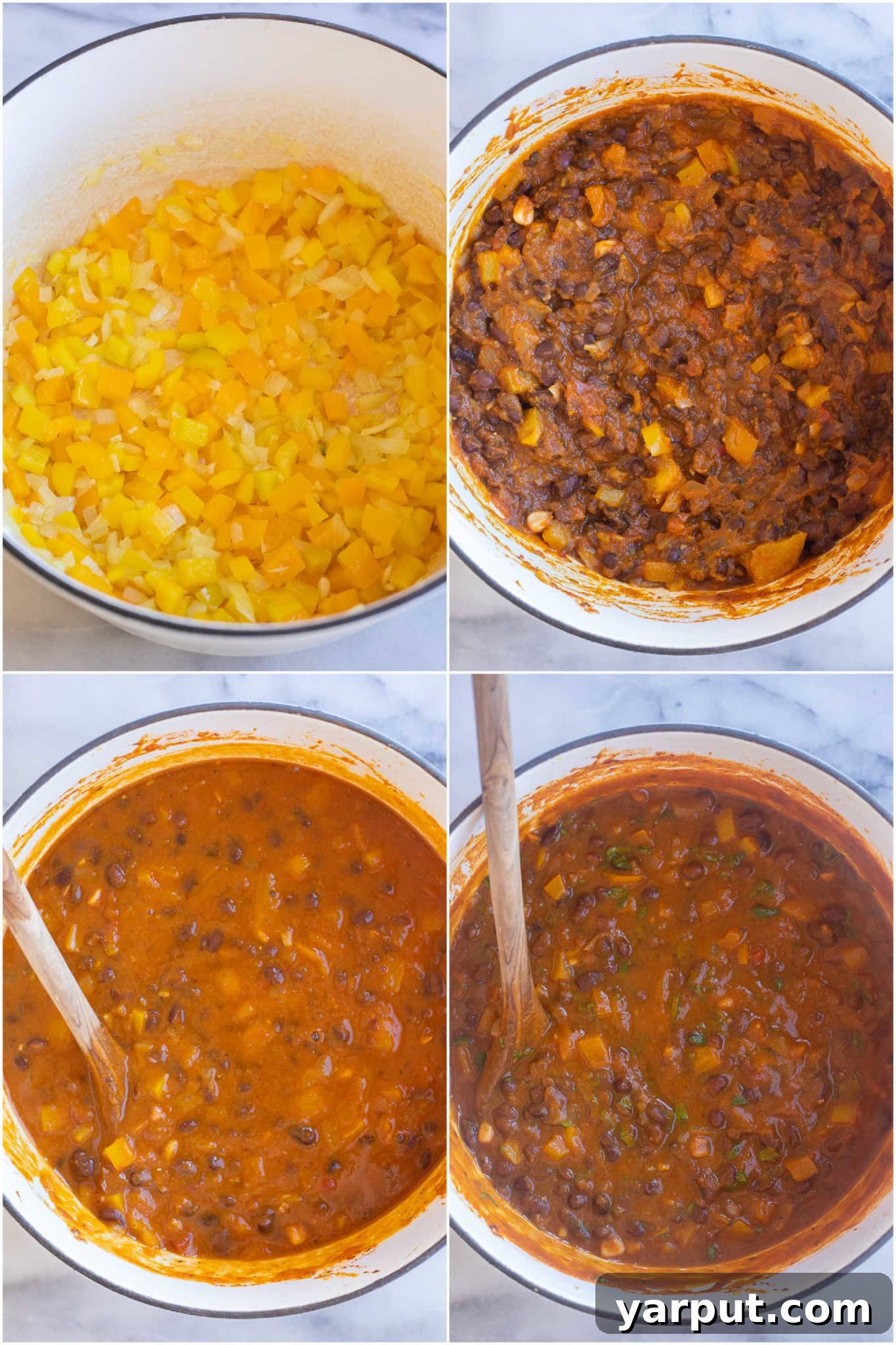 Hearty Vegetarian Pumpkin and Black Bean Chili 3 Step-by-step guide showing bell peppers and onions cooking in a pot, forming the base for the vegetarian pumpkin chili with black beans.
