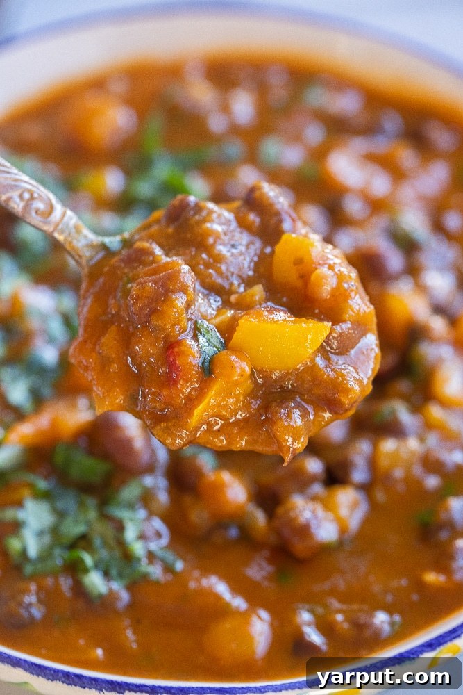 Hearty Vegetarian Pumpkin and Black Bean Chili 5 A serving spoon lifting a spoonful of thick, hearty vegetarian pumpkin chili from a bowl, highlighting its rich texture.