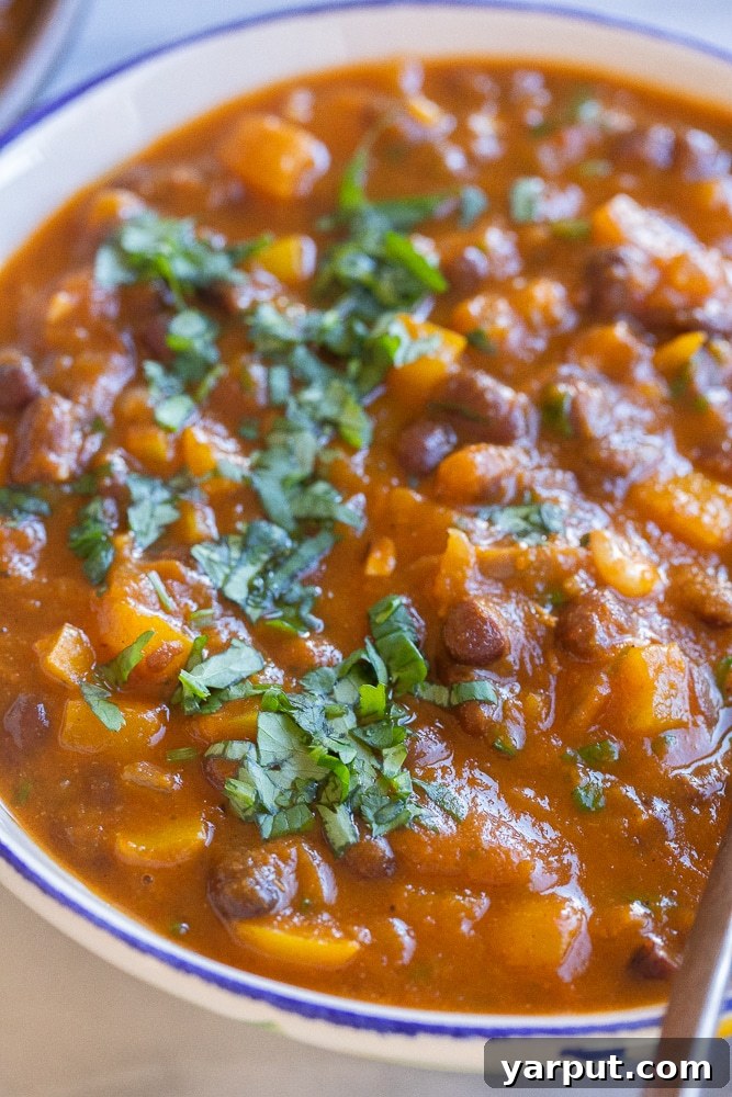 Hearty Vegetarian Pumpkin and Black Bean Chili 6 A heartwarming close-up of a bowl of rich, hearty vegan pumpkin chili with black beans, showcasing its robust texture and inviting color.