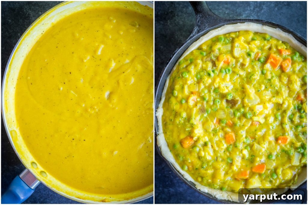 Golden Curry Veggie Pot Pie 3 A close-up shot of the rich, creamy, and flavorful filling of the Vegan Curried Vegetable Pot Pie, showcasing a variety of healthy vegetables beneath a golden, flaky crust. #vegan #vegetarian #dinner #comfortfood #potpie