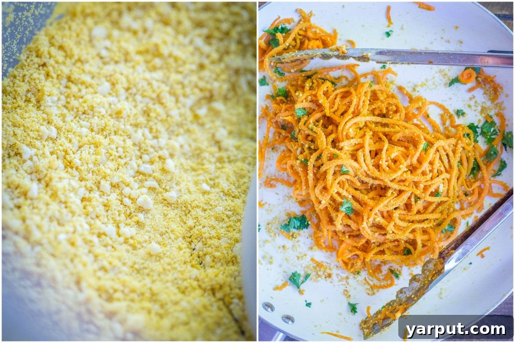 A close-up of savory Garlic Parmesan Sweet Potato Noodles, perfect for a healthy and flavorful side dish or main course.