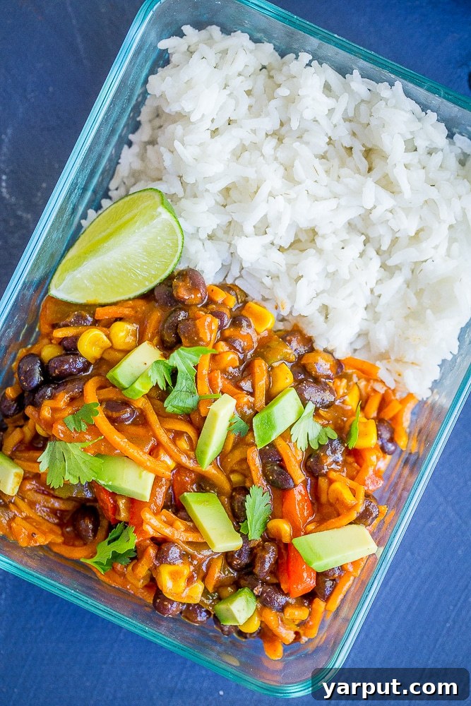 Delicious Spiralized Sweet Potato Enchilada Lunch Bowls ready to eat.