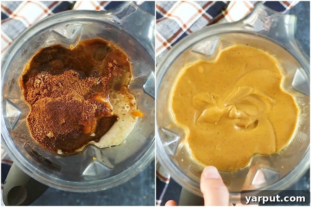 Spiced Vegan Pumpkin Cheesecake Bliss 3 A step-by-step visual guide showing the process of making the creamy vegan pumpkin cheesecake filling in a high-speed blender, highlighting key ingredients.