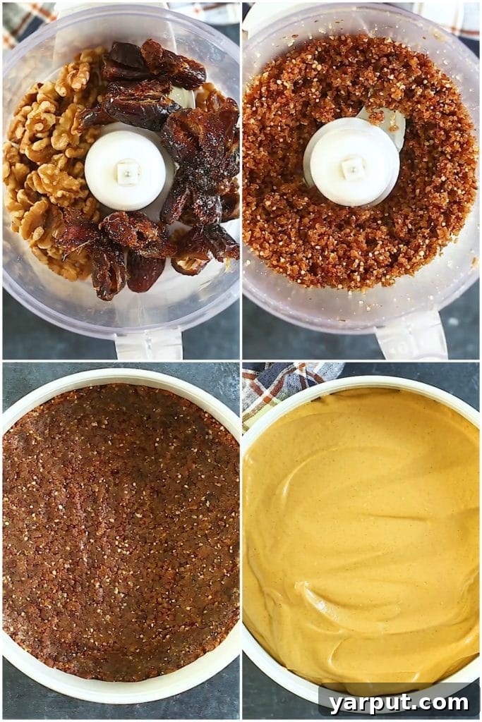 Spiced Vegan Pumpkin Cheesecake Bliss 4 A visual collage showing step-by-step photos of the process to create this delicious vegan pumpkin cheesecake recipe, from crust preparation to filling.