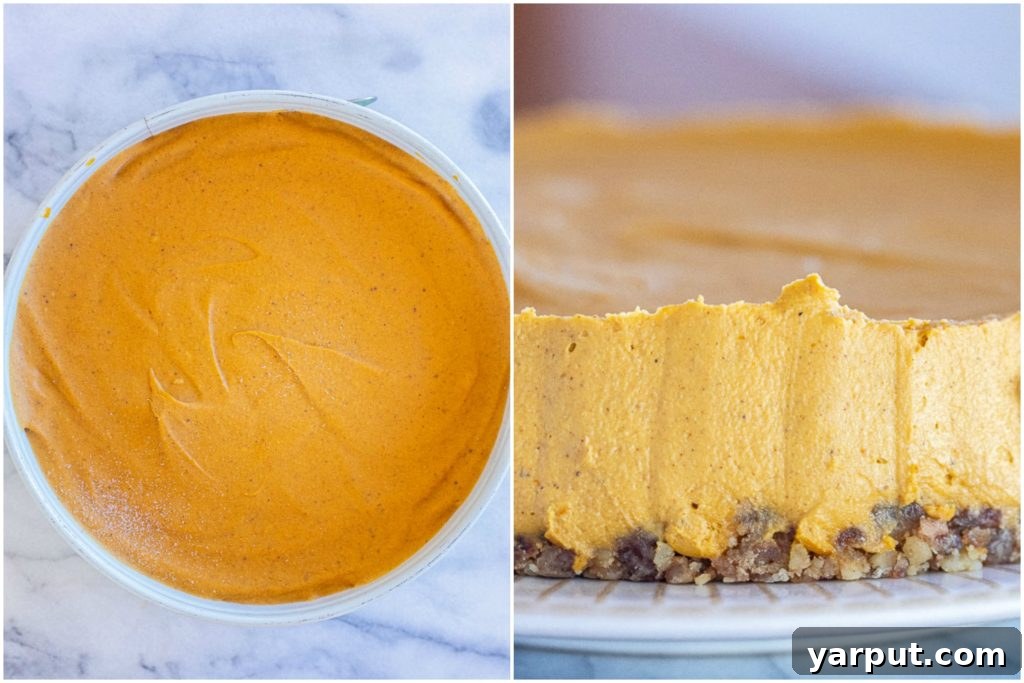 Spiced Vegan Pumpkin Cheesecake Bliss 5 A close-up shot of the finished no-bake vegan pumpkin cheesecake, perfectly set and ready to be served, showcasing its smooth texture.
