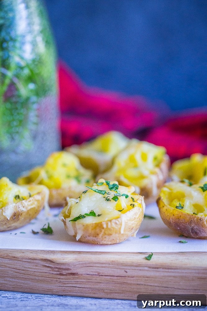 Creamy Garlic Herb Twice-Baked Baby Potatoes 4 Platter of golden brown Garlic and Herb Twice-Baked Baby Potatoes, garnished with fresh herbs.