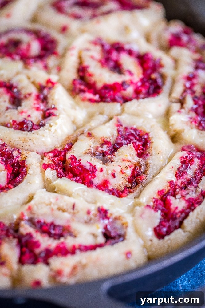 Zesty Gluten-Free Orange Cranberry Cinnamon Swirls 3 Close-up of freshly baked Gluten-Free Orange Cranberry Cinnamon Rolls, showing the vibrant cranberry filling.