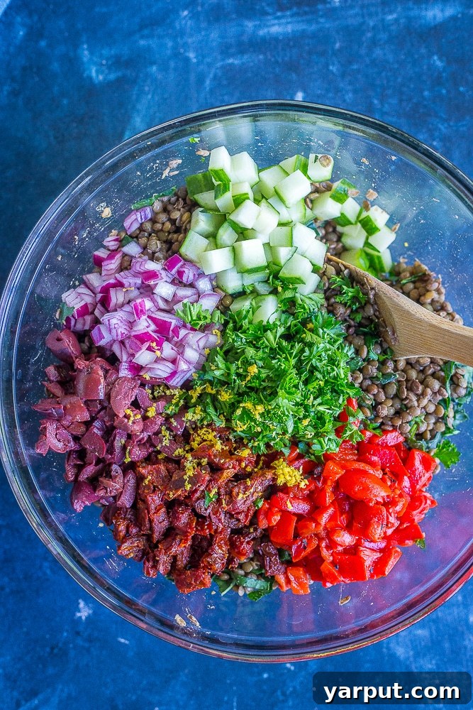 Vibrant Mediterranean Lentil Salad 3 This Mediterranean Lentil Salad is a healthy and filling salad that's so easy to make! It's great for a side dish or lunch! Gluten free and vegetarian!