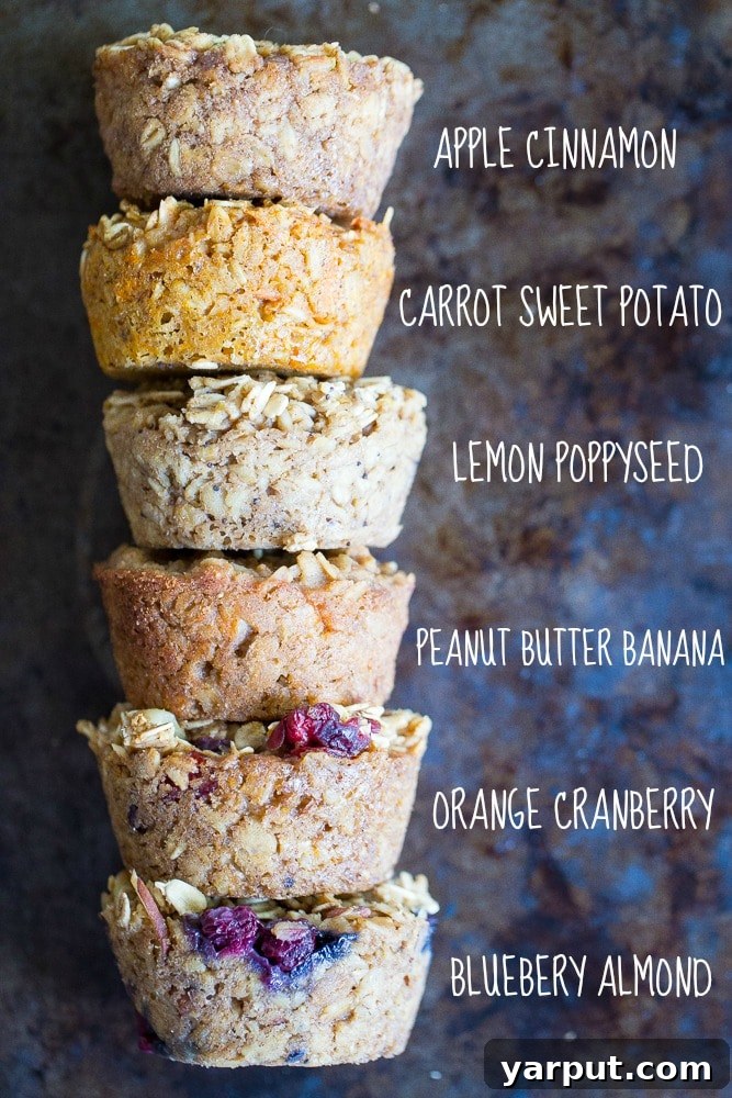 Top 10 Reader Favorite Recipes of 2017 4 Portion-sized healthy baked oatmeal breakfast cups with different toppings.