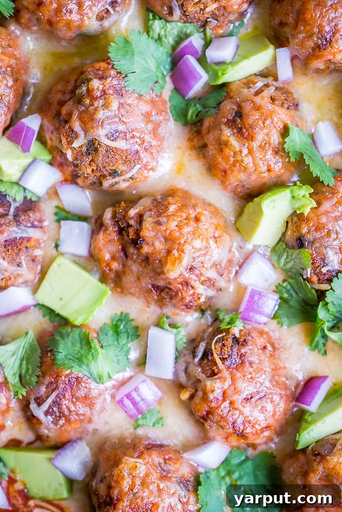 Hearty Sweet Potato and Black Bean Veggie Meatball Enchilada Bake 6 Plated Sweet Potato and Black Bean Vegetarian Meatball Enchilada Bake garnished with fresh cilantro and avocado.