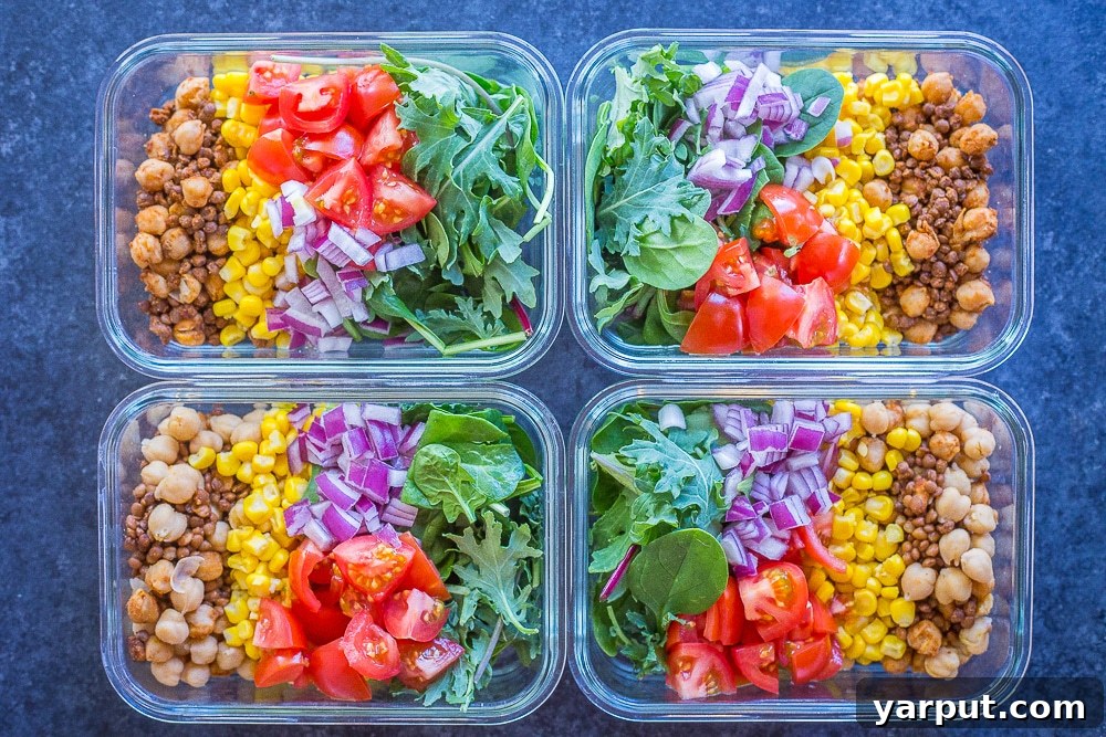 Plant-Powered Taco Salad Prep Bowls 3 These Chickpea and Lentil Taco Salad Meal Prep Bowls are healthy, easy and delicious! You can make them in under 30 minutes and you will have lunch for 4 days prepped and ready to go! Each bowl has only 2 Freestyle Weight Watchers points! Gluten free, vegetarian and vegan friendly!