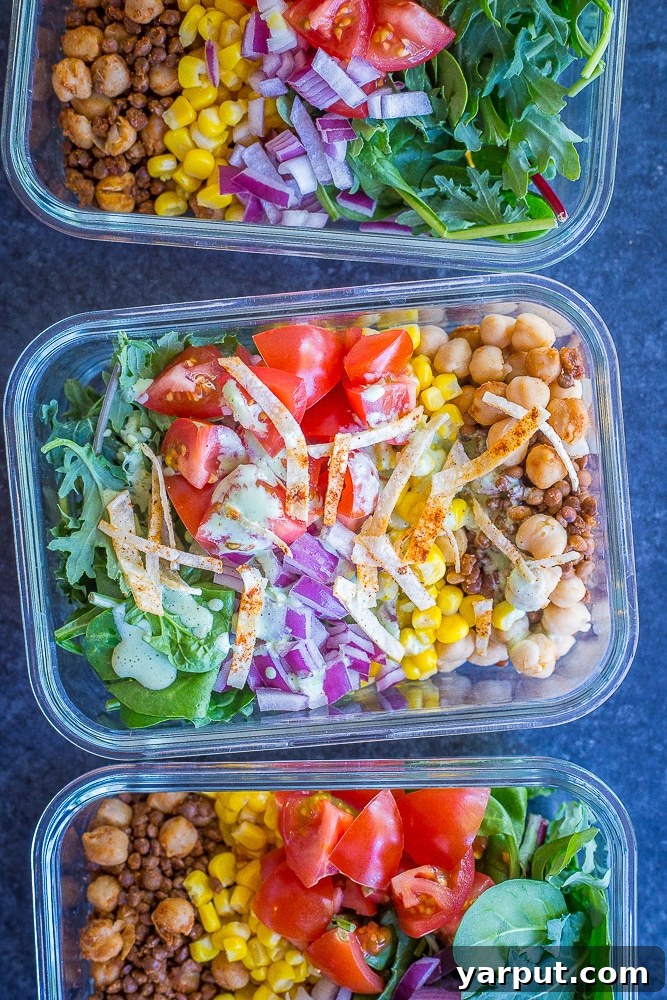 Plant-Powered Taco Salad Prep Bowls 5 These Chickpea and Lentil Taco Salad Meal Prep Bowls are healthy, easy and delicious! You can make them in under 30 minutes and you will have lunch for 4 days prepped and ready to go! Each bowl has only 2 Freestyle Weight Watchers points! Gluten free, vegetarian and vegan friendly!