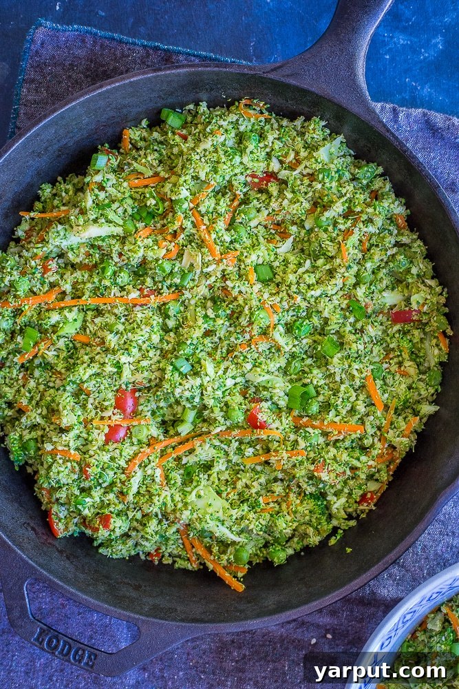Easy Riced Broccoli Stir-Fry 3 Close-up of freshly riced broccoli, a key ingredient for this healthy fried rice alternative.