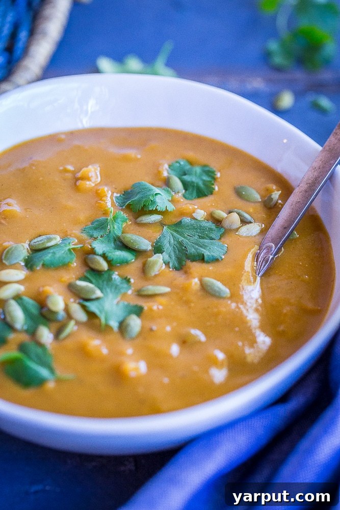 Fiesta Butternut and White Bean Soup 3 A close-up shot of the Southwestern Butternut Squash and White Bean Soup simmering in a pot, showcasing its rich texture before blending. A comforting vegan meal.