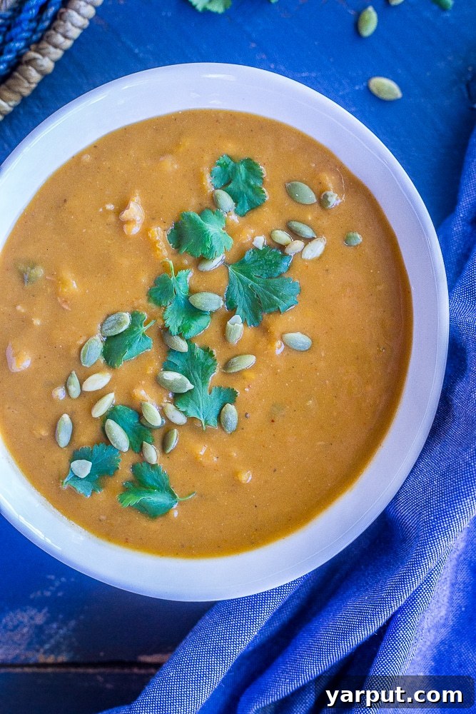 Fiesta Butternut and White Bean Soup 4 A beautifully plated bowl of creamy Southwestern Butternut Squash and White Bean Soup, garnished with fresh herbs and a swirl of cream, highlighting its inviting texture. A perfect vegan and gluten-free dinner.