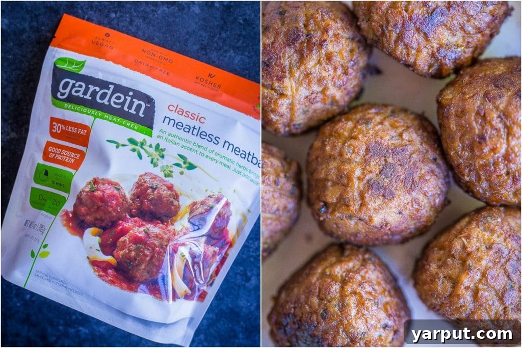Plant-Powered Spring Pesto Bowls with Garden Veggies 5 A close-up of Gardein Classic Meatless Meatballs in a bowl, showcasing their appetizing texture and readiness for cooking in the spring vegetable bowls.