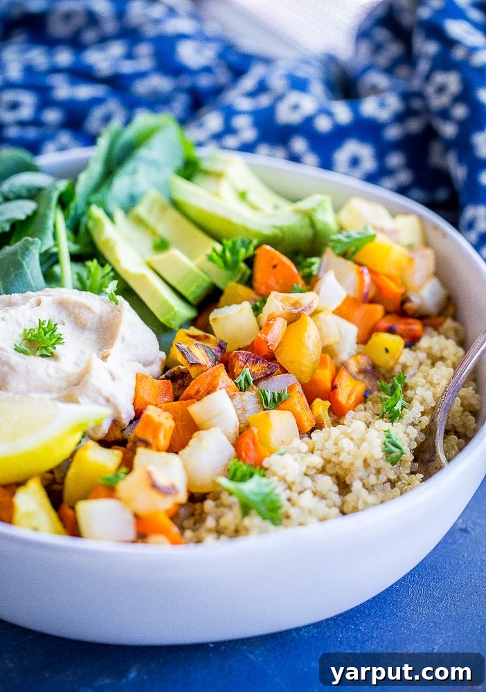 Hearty Roasted Root Harvest Bowls 4 These Roasted Root Vegetable Buddha Bowls are packed with veggies and protein making them a healthy and filling lunch or dinner! Easy to make and great for meal prep! They're also gluten free and vegan!