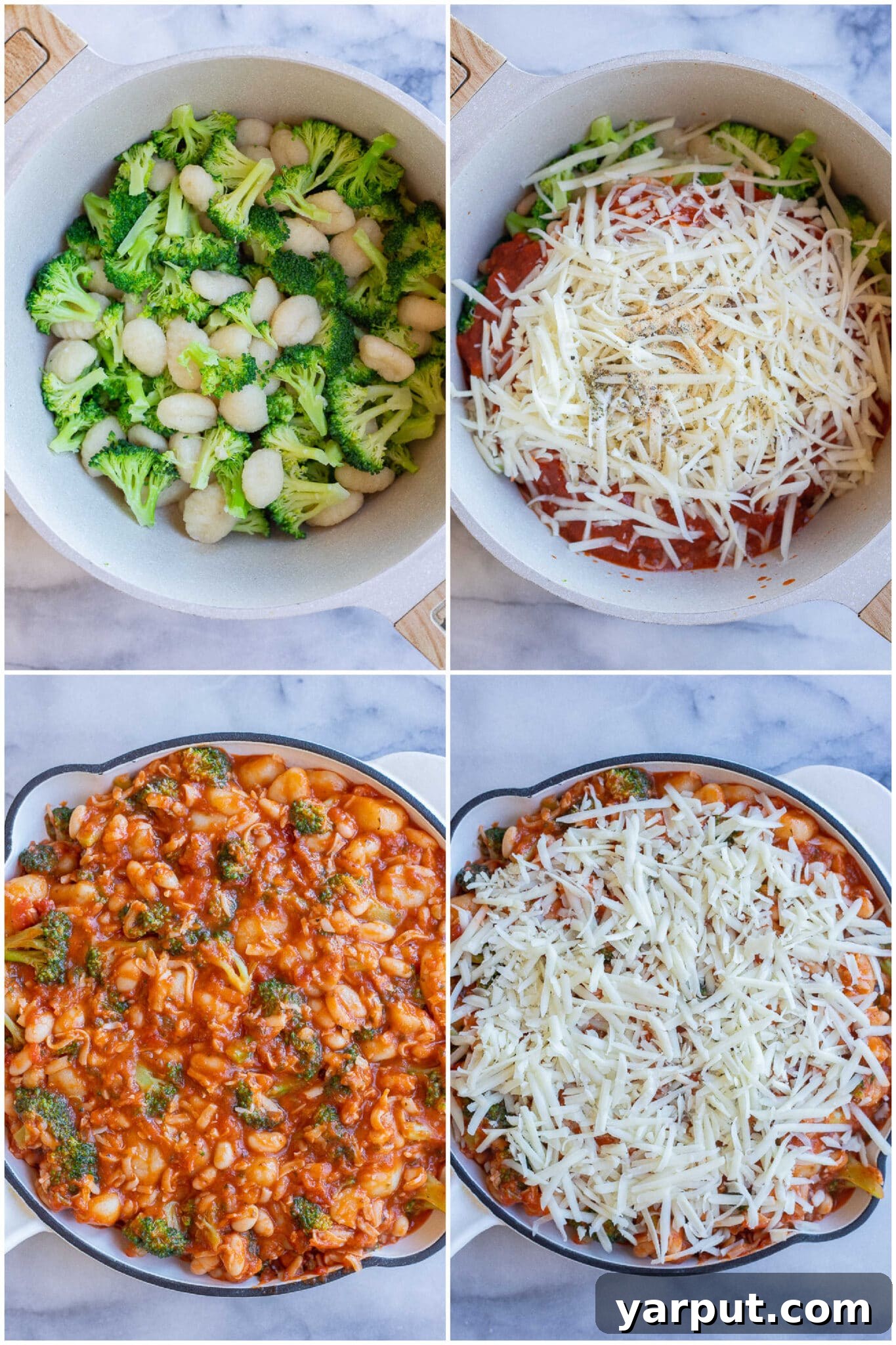 Effortless Five-Ingredient Gnocchi, Broccoli & White Bean Bake 4 Visual step-by-step guide on how to prepare the vegetarian 5-ingredient gnocchi broccoli white bean bake, showing prep and mixing.