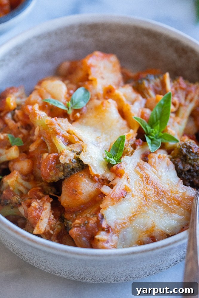 Effortless Five-Ingredient Gnocchi, Broccoli & White Bean Bake 6 Close-up of a generous serving of this protein-packed vegetarian gnocchi broccoli white bean bake, nestled in a dinner bowl with a fork, ready to be enjoyed.