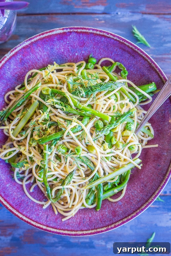 Bright Spring Pasta with Zesty Lemon and Fresh Dill 5 A serving of the delicious Spring Vegetable Pasta with Lemon and Dill, garnished with extra fresh dill.