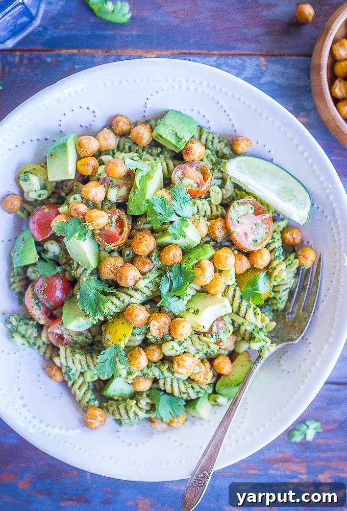 46 Mouthwatering Soy-Free Vegan Dinners 3 Southwestern Pesto Pasta with Crispy Chickpeas, a colorful vegan and soy-free dish.