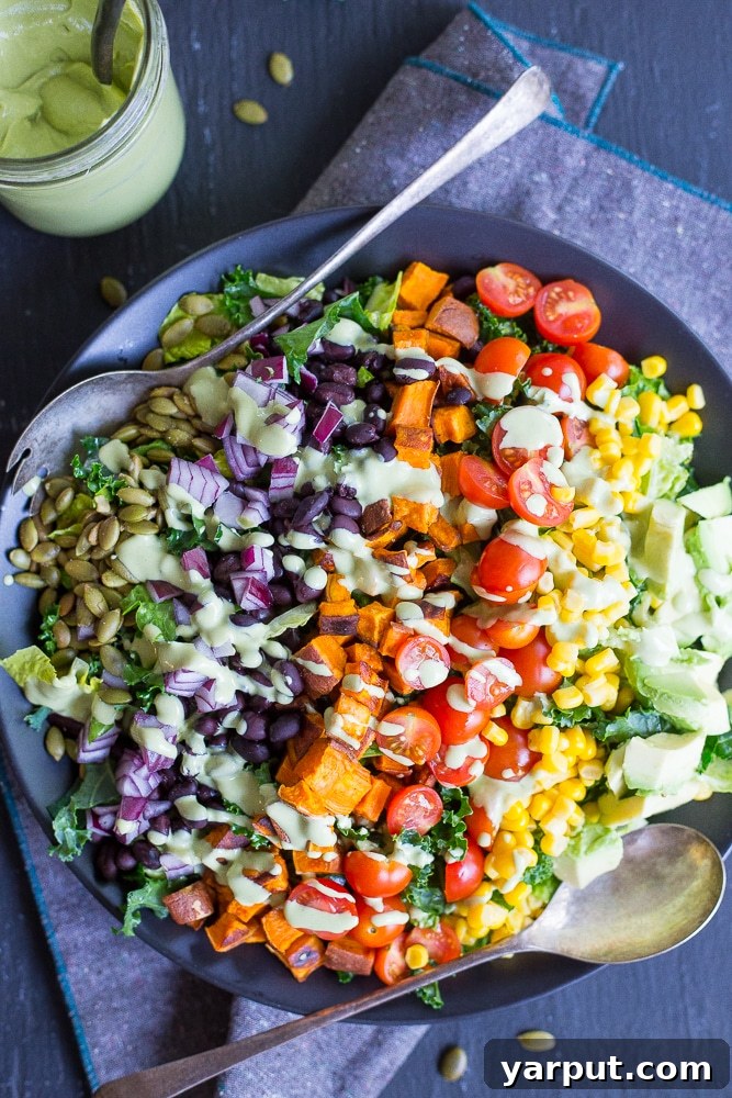 46 Mouthwatering Soy-Free Vegan Dinners 31 Southwestern Power Salad with Creamy Cilantro Lime Dressing, a fresh and zesty vegan salad.