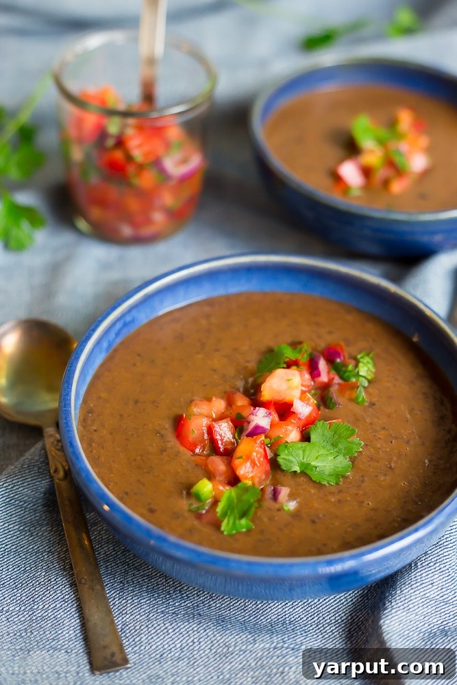 46 Mouthwatering Soy-Free Vegan Dinners 40 30 Minute Black Bean Soup with Pico De Gallo, a quick and hearty vegan soup.