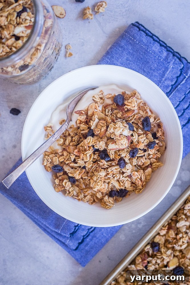 Artisan Blueberry Almond Granola 4 Close-up of a serving of Homemade Blueberry Almond Granola with creamy yogurt and fresh berries, ready for breakfast.