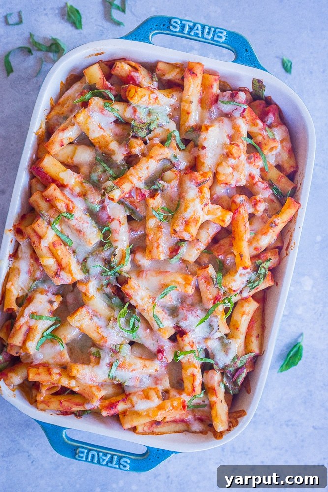 A full pan of 5 Ingredient Baked Ziti with Spinach and Chickpeas, ready to be served
