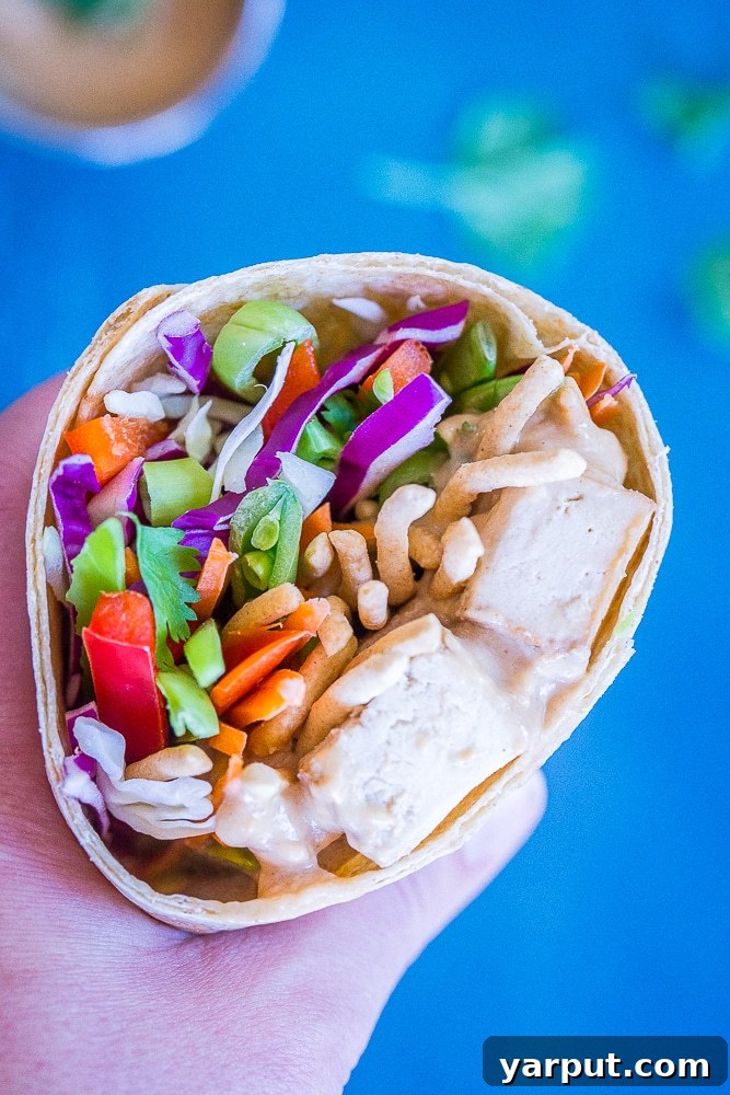 A hand holding a vibrant Crunchy Asian Tofu Peanut Wrap with a blue background, showcasing fresh ingredients.
