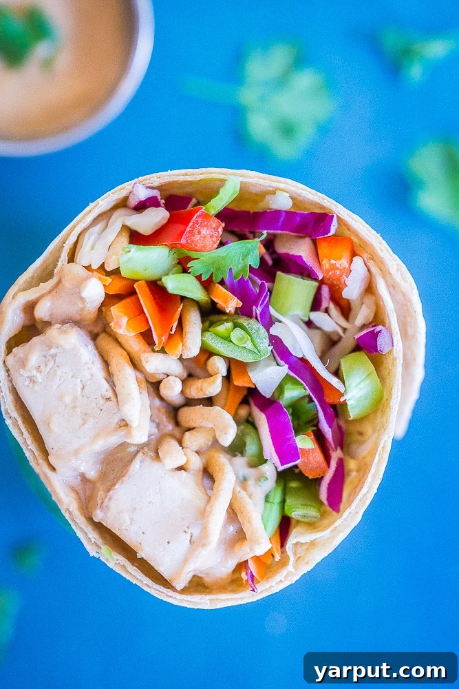 A close-up view of a perfectly rolled Crunchy Asian Tofu Peanut Wrap against a serene blue background, highlighting its rich textures and appetizing appearance.