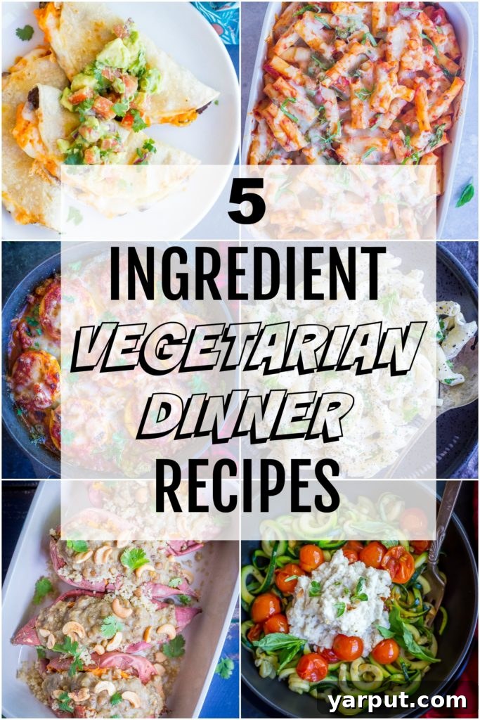 Quick & Delicious: 5-Ingredient Vegetarian Dinners 2 A vibrant collage showcasing various easy 5-ingredient vegetarian dinner recipes, including tacos, pasta, and baked dishes.
