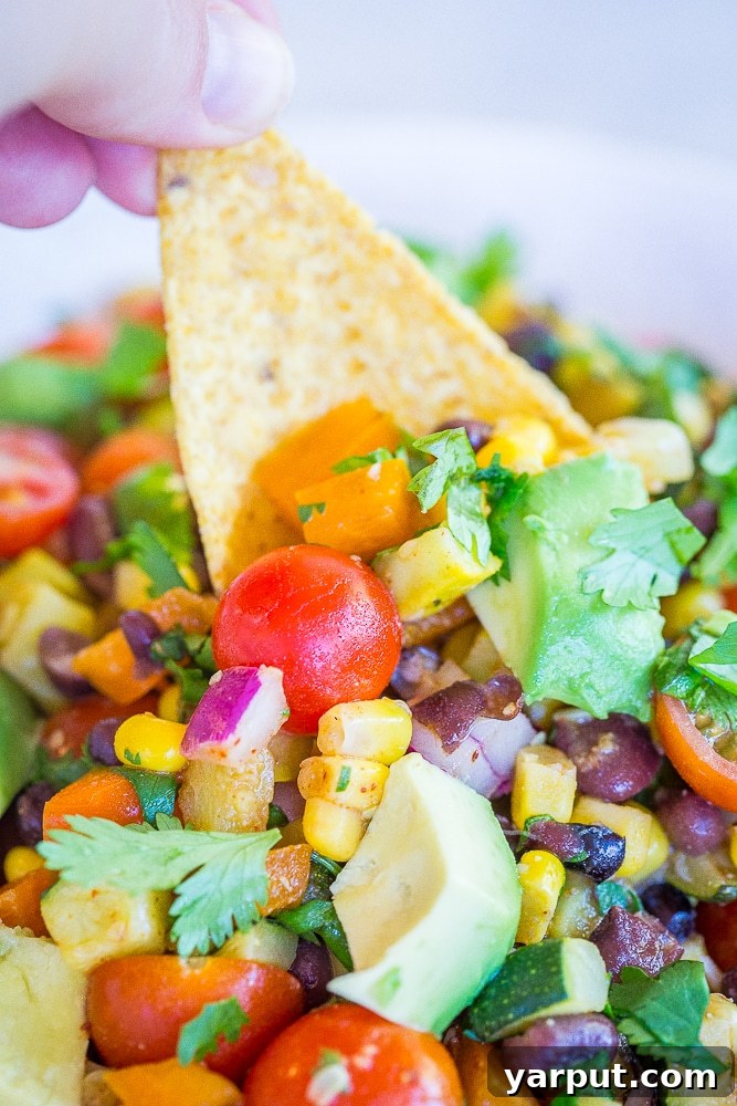 Summer Harvest Black Bean Salad 3 A close-up shot of a chip being dipped into the colorful and inviting Loaded Summer Vegetable Salad with Black Beans, highlighting its texture and freshness.