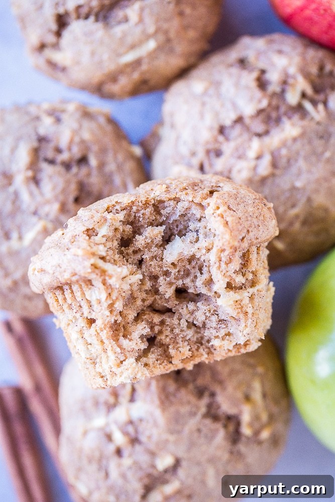 Closeup of Best Healthy Apple Cinnamon Muffins with a bite taken out