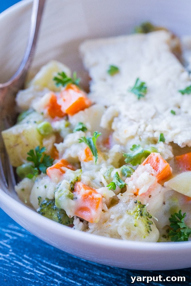 Close up of Creamy Vegan Pot Pie in a bowl, showing the flaky crust and rich vegetable filling