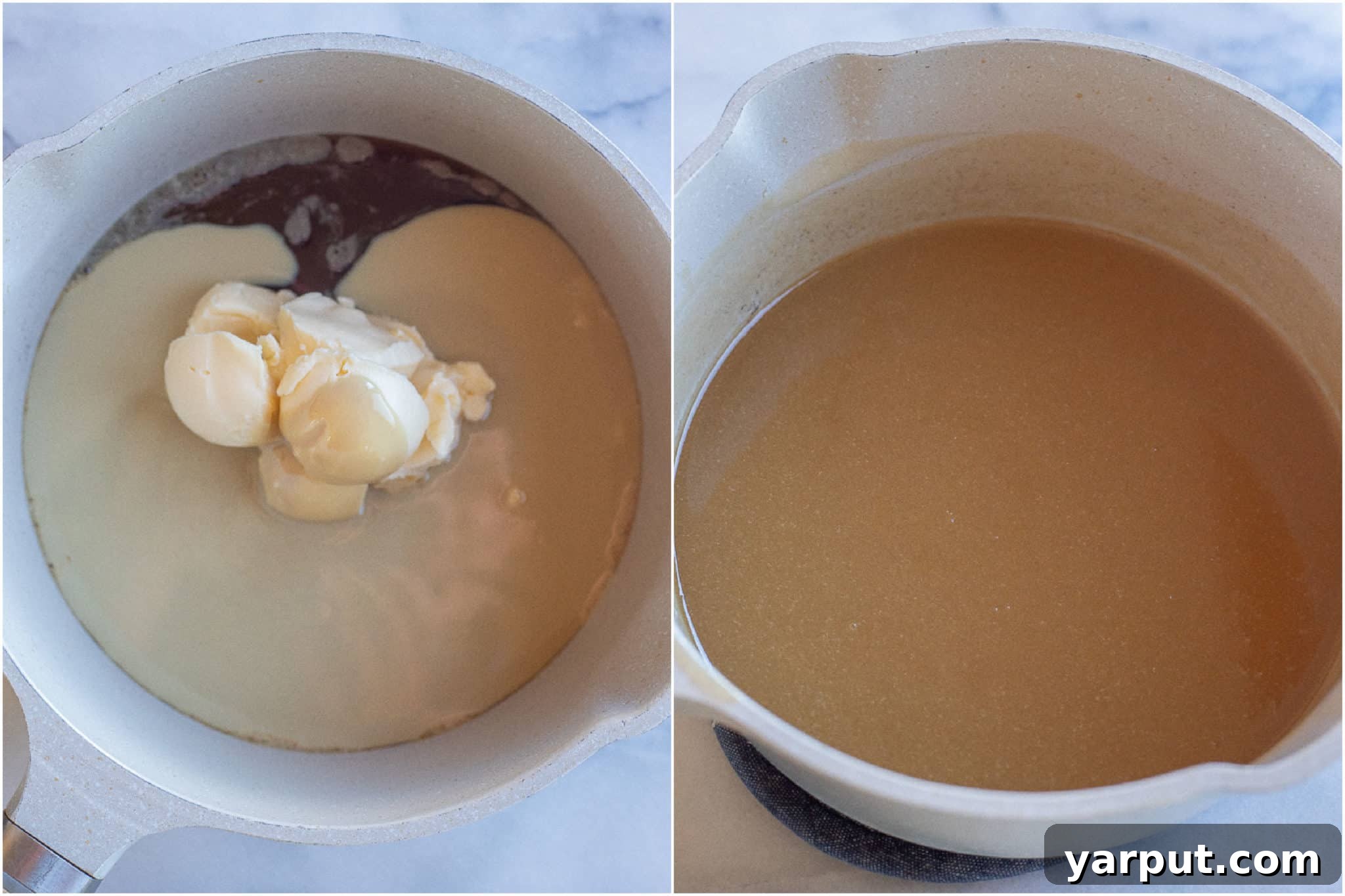 Silky Tahini Maple Vegan Caramel 4 showing how to make vegan caramel sauce by mixing all the ingredients together in a pan over low heat