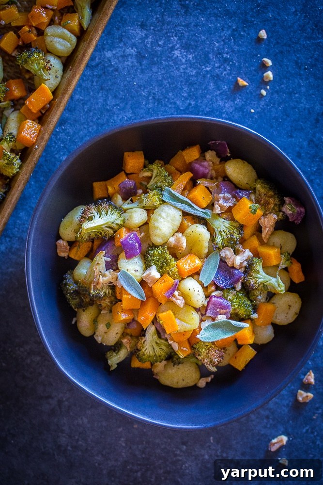 Golden Gnocchi & Harvest Veggie Sheet Pan 3 A bowl filled with Sheet Pan Roasted Gnocchi, Butternut Squash and Broccoli, showcasing the vibrant colors and appealing texture of this easy vegetarian meal.