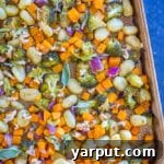 Sheet Pan Roasted Gnocchi, Butternut Squash and Broccoli recipe card image.