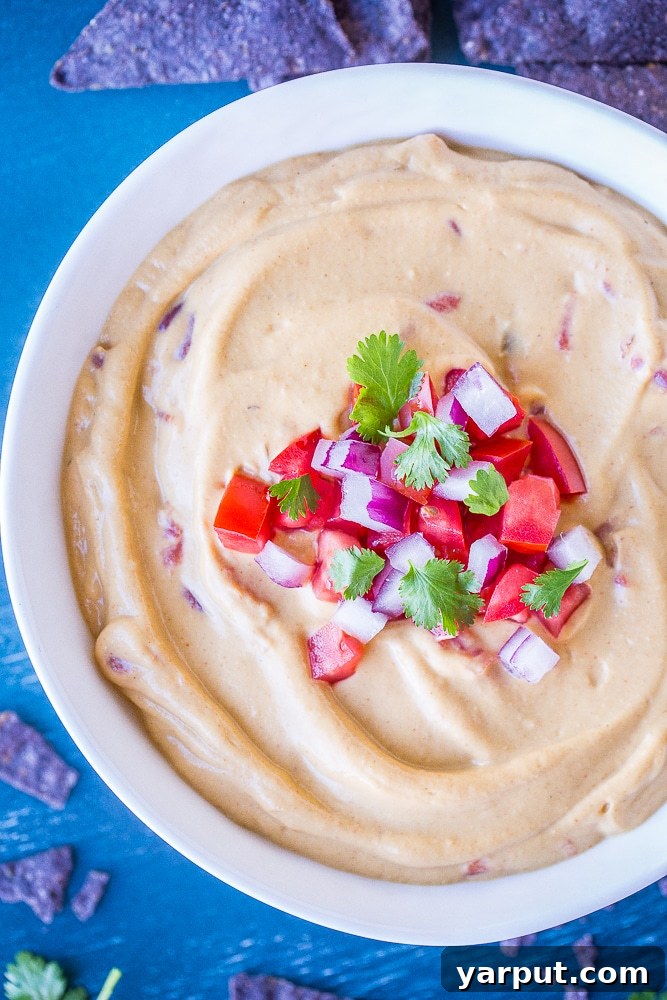 Close-up shot of the creamy texture of Cauliflower Queso Dip in a bowl, garnished with cilantro and Rotel