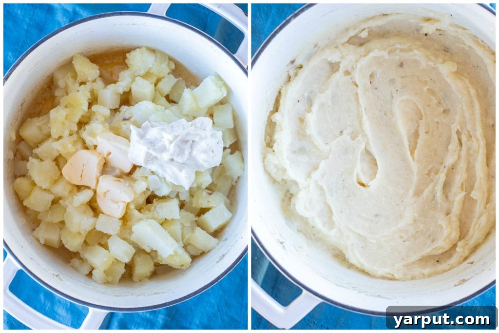 Velvety Vegan Mash 3 Step-by-step photos illustrating the process of making creamy vegan mashed potatoes, from boiling the potatoes to mashing them with vegan ingredients.